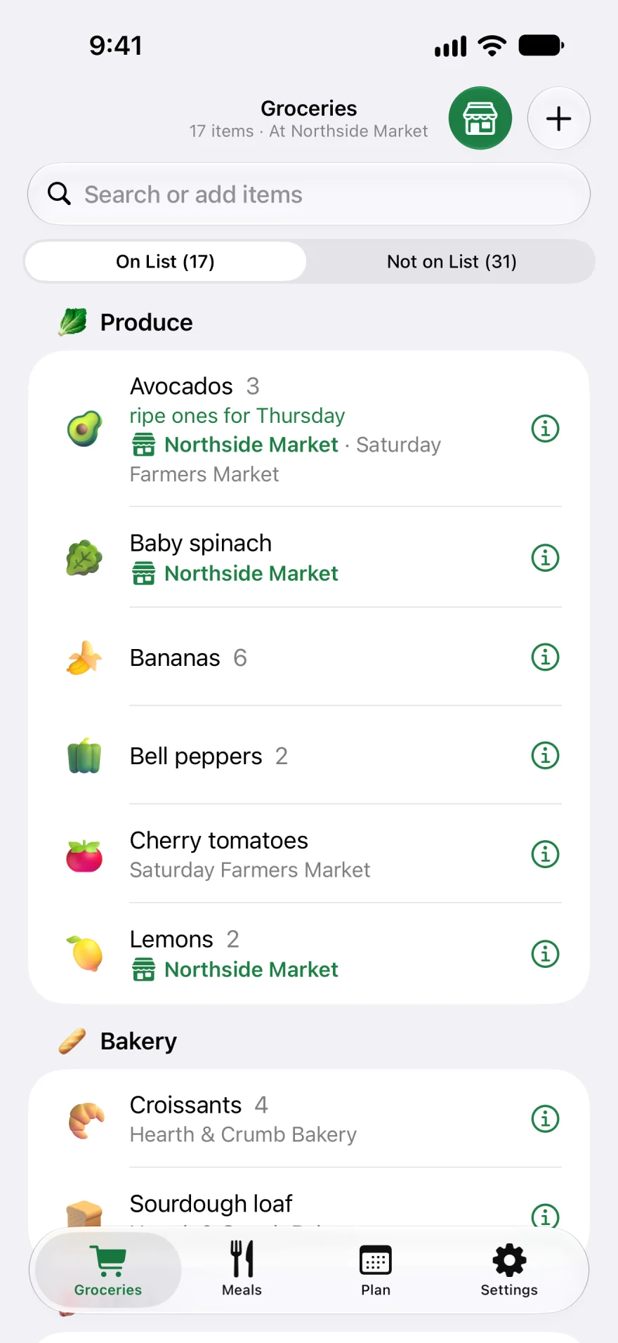 Listnik’s grocery list on iPhone, sorted into Produce and Bakery aisles, with Northside Market picked.